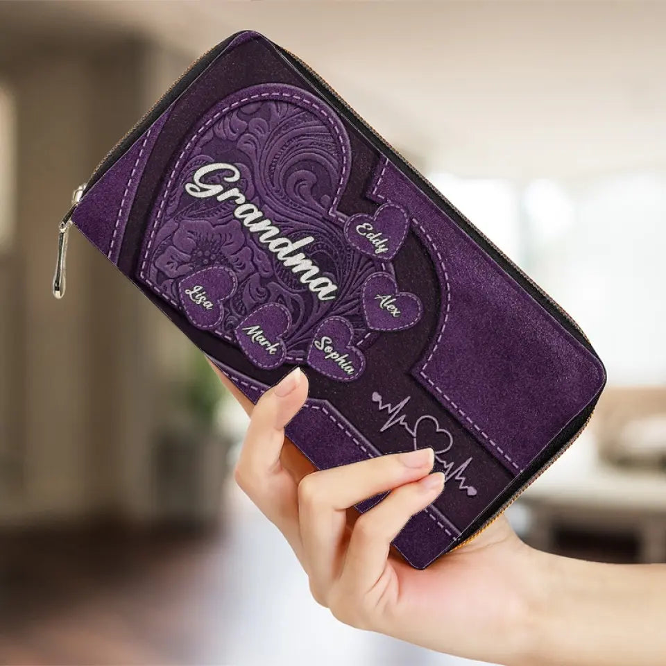 Tiens-moi la main, tiens mon cœur ! Portefeuille long en cuir personnalisé pour la famille ! Cadeau pour la fête des mères, maman et grand-mère