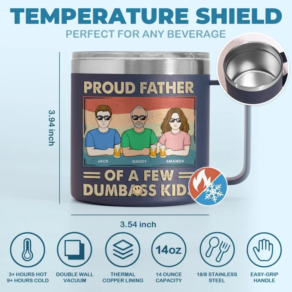 Fier père de plusieurs enfants - Gobelet personnalisé en acier inoxydable de 14 oz avec poignée - Cadeau pour la fête des pères, papa et grand-père