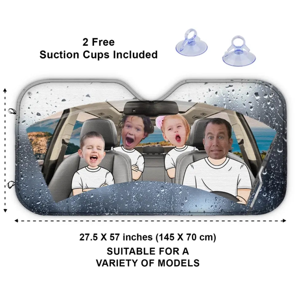 Photo personnalisée : quatre roues, un lien familial – Pare-soleil personnalisé pour pare-brise de voiture, protection de fenêtre de voiture – Cadeau pour les membres de la famille