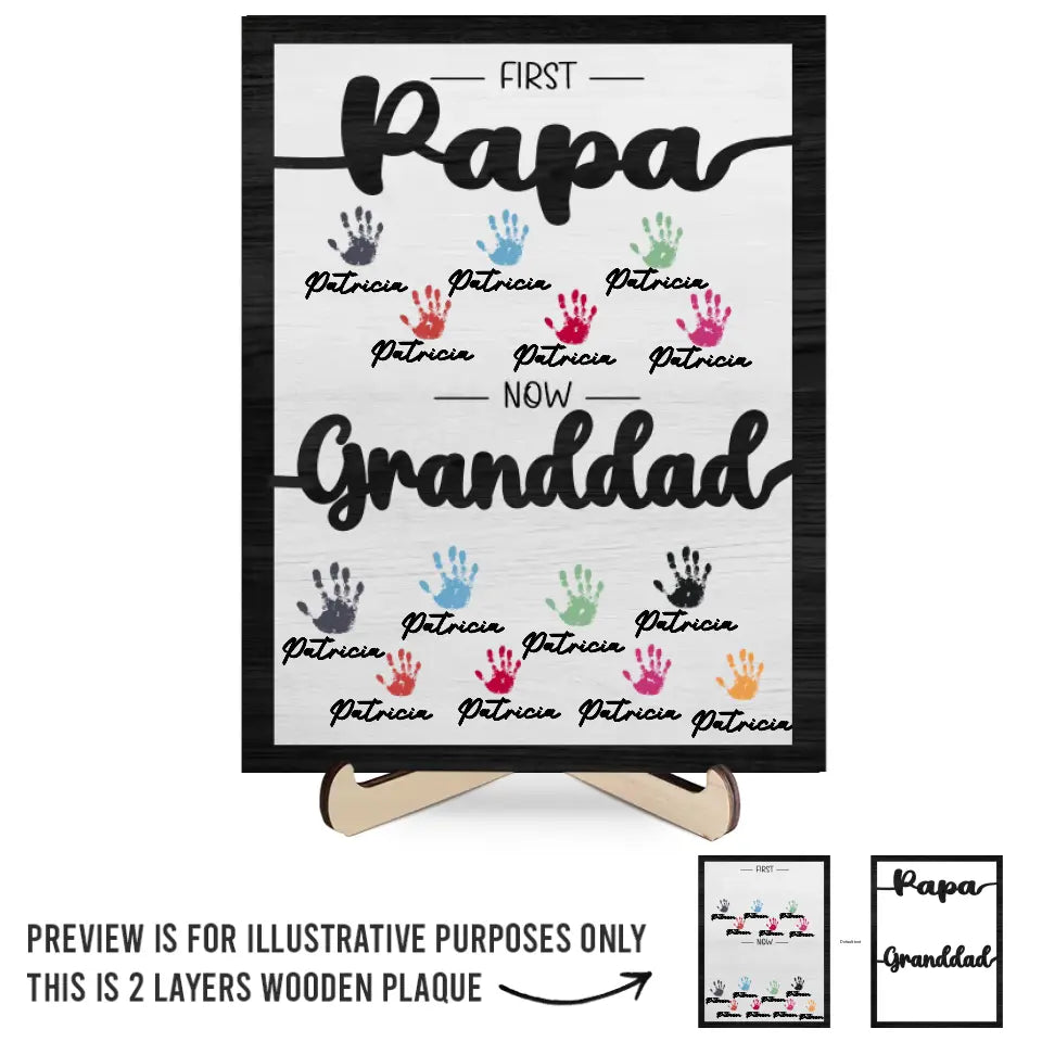 Premier papa, maintenant grand-père - Plaque en bois personnalisée à 2 couches avec support pour la famille - Cadeau pour la fête des pères, papa et grand-père