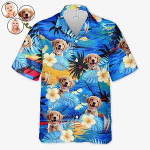 T-shirt hawaïen unisexe personnalisé avec photo « Oubliez la ville, profitez de l'été » pour chien et chat - Cadeau idéal pour les vacances d'été, les propriétaires d'animaux et les amoureux des animaux.