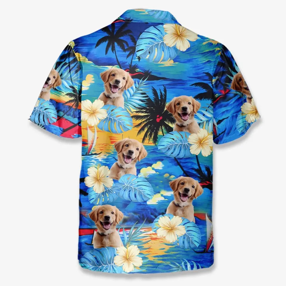 T-shirt hawaïen unisexe personnalisé avec photo « Oubliez la ville, profitez de l'été » pour chien et chat - Cadeau idéal pour les vacances d'été, les propriétaires d'animaux et les amoureux des animaux.