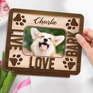 Photo personnalisée « Le bonheur est un chiot chaleureux » – Plaque en bois personnalisée à 2 couches avec support plat pour chien et chat – Cadeau de pendaison de crémaillère pour propriétaires et amoureux des animaux