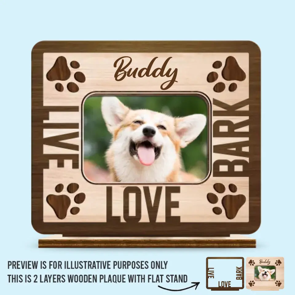 Photo personnalisée « Le bonheur est un chiot chaleureux » – Plaque en bois personnalisée à 2 couches avec support plat pour chien et chat – Cadeau de pendaison de crémaillère pour propriétaires et amoureux des animaux