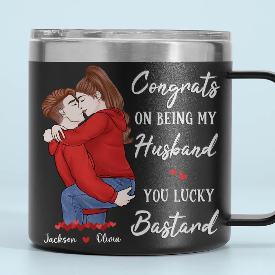 Félicitations pour être devenu mon mari ! Gobelet personnalisé en acier inoxydable de 14 oz avec poignée pour couple ! Cadeau pour mari et femme, anniversaire