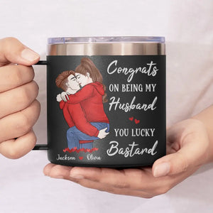 Félicitations pour être devenu mon mari ! Gobelet personnalisé en acier inoxydable de 14 oz avec poignée pour couple ! Cadeau pour mari et femme, anniversaire