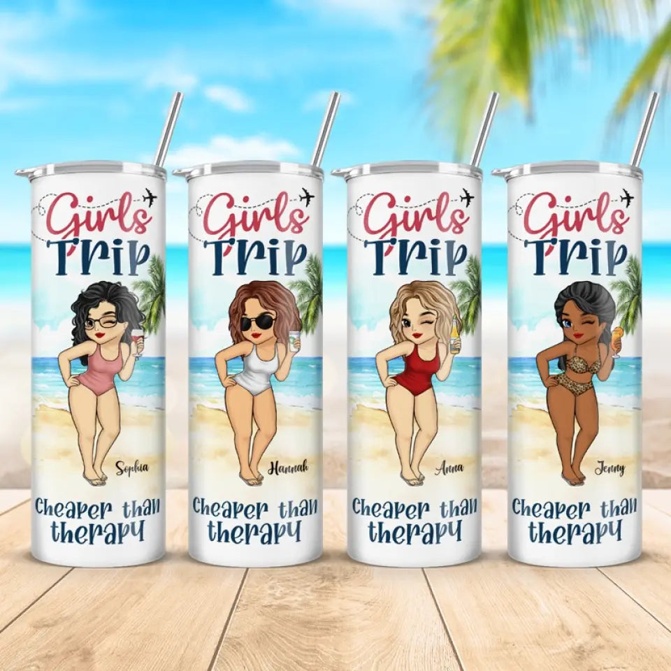 Voyage entre filles moins cher qu'une thérapie - Gobelet fin personnalisé pour meilleure amie - Cadeau de vacances d'été, cadeau d'anniversaire à la piscine pour meilleures amies, meilleures amies, sœurs