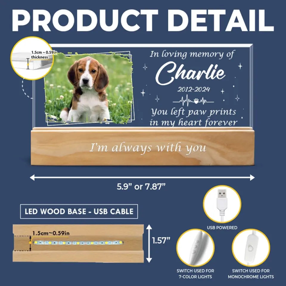 Photo personnalisée que vous avez laissée dans mon cœur pour toujours - Lettres acryliques personnalisées 3D LED veilleuse - Cadeau de condoléances pour les propriétaires d'animaux et les amoureux des animaux