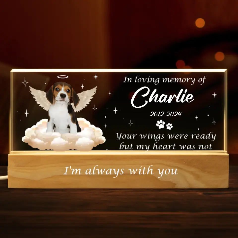 Photo personnalisée « Vos ailes étaient prêtes » – Lettres acryliques personnalisées commémoratives, veilleuse LED 3D – Cadeau de condoléances pour les propriétaires et les amoureux des animaux