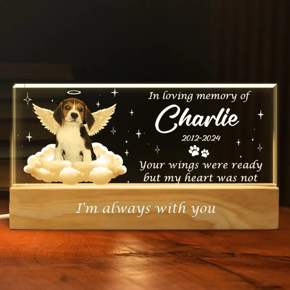Photo personnalisée « Vos ailes étaient prêtes » – Lettres acryliques personnalisées commémoratives, veilleuse LED 3D – Cadeau de condoléances pour les propriétaires et les amoureux des animaux