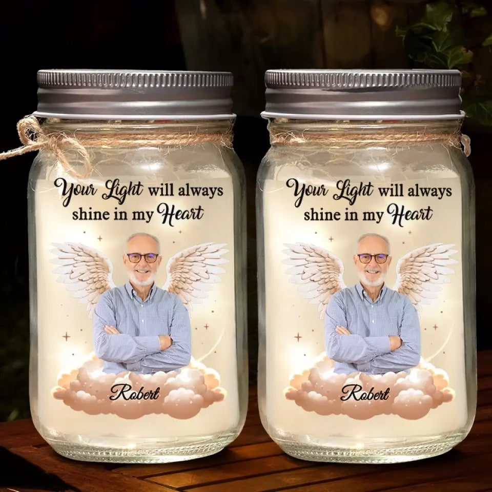 Ange photo personnalisé d'en haut, veille sur moi avec amour - Lampe commémorative personnalisée en pot Mason - Cadeau de condoléances pour les membres de la famille