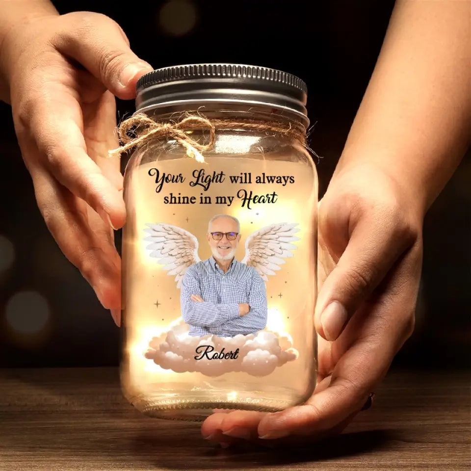Ange photo personnalisé d'en haut, veille sur moi avec amour - Lampe commémorative personnalisée en pot Mason - Cadeau de condoléances pour les membres de la famille
