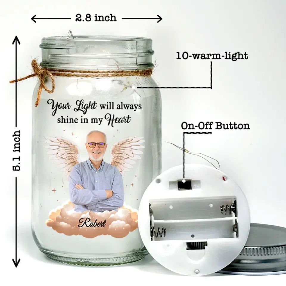 Ange photo personnalisé d'en haut, veille sur moi avec amour - Lampe commémorative personnalisée en pot Mason - Cadeau de condoléances pour les membres de la famille