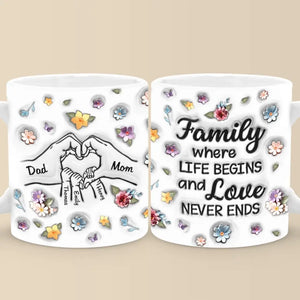 La famille, là où la vie commence - Mug personnalisé avec effet gonflé en 3D - Cadeau pour les membres de la famille