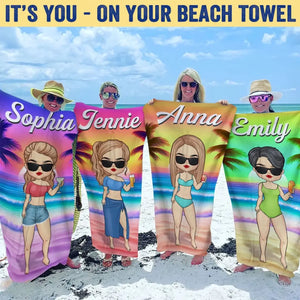 Été, plage, piscine, voyage - Serviette de plage personnalisée Bestie - Cadeau de vacances d'été, cadeau de fête d'anniversaire à la piscine pour meilleures amies, meilleures amies, sœurs