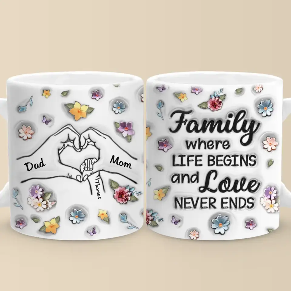 La famille, là où la vie commence - Mug personnalisé avec effet gonflé en 3D - Cadeau pour les membres de la famille