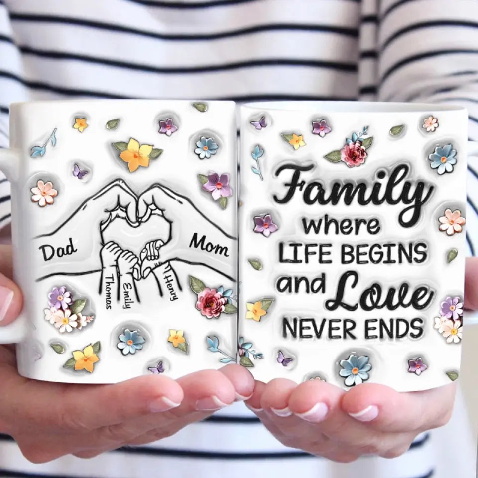 La famille, là où la vie commence - Mug personnalisé avec effet gonflé en 3D - Cadeau pour les membres de la famille