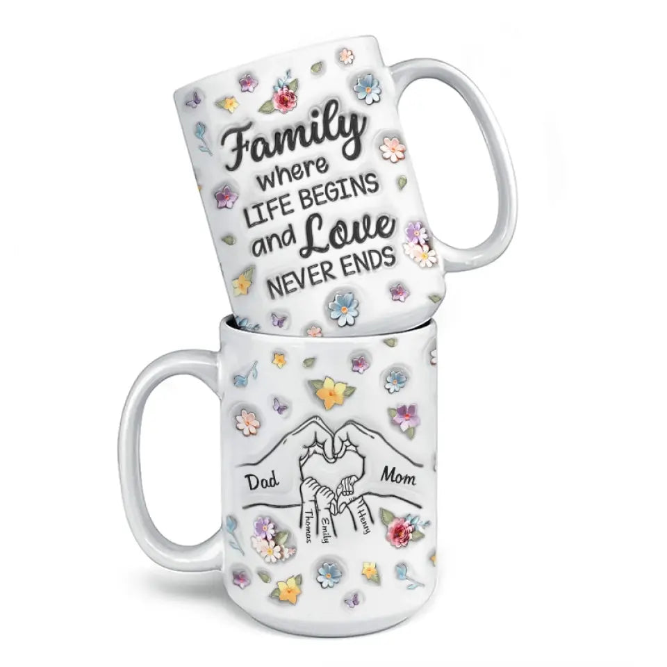 La famille, là où la vie commence - Mug personnalisé avec effet gonflé en 3D - Cadeau pour les membres de la famille