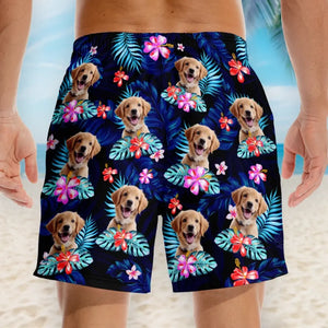 Short de plage hawaïen personnalisé avec photo « Joyeux moments et soleil » pour chien et chat, motif tropical Aloha pour homme - Cadeau idéal pour les vacances d'été, les anniversaires et les amoureux des animaux.