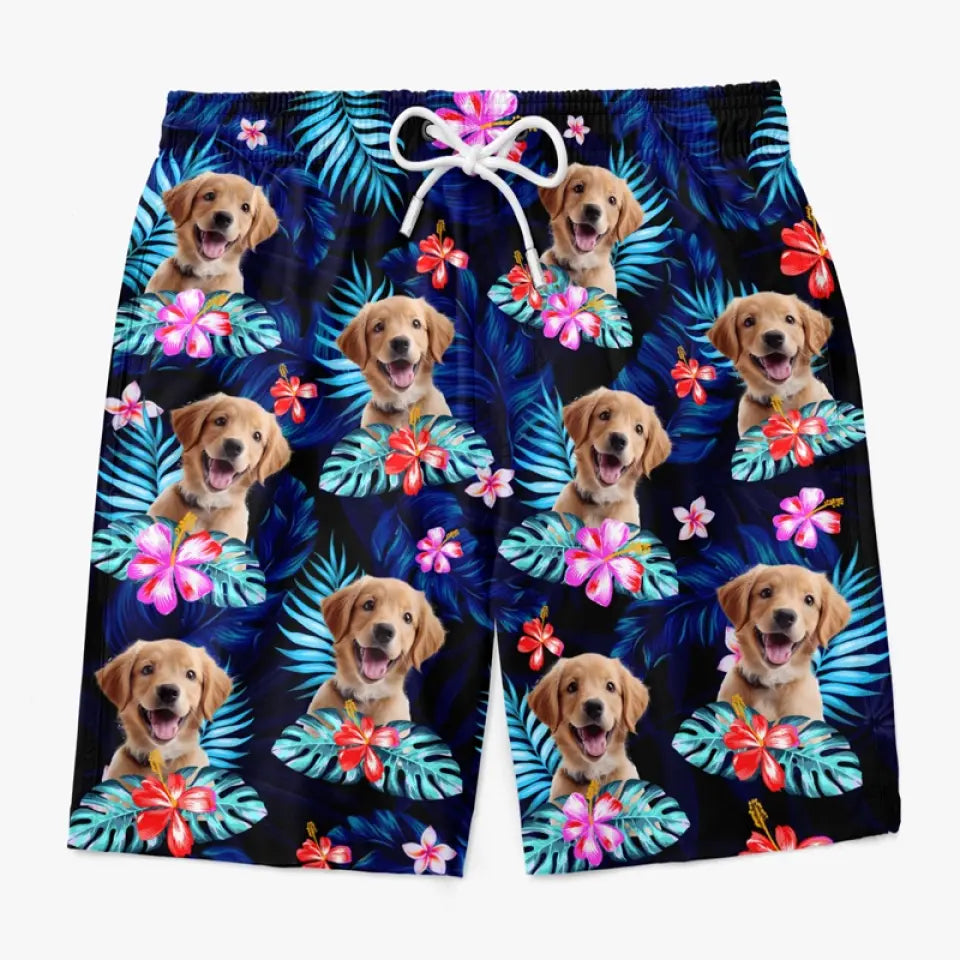 Short de plage hawaïen personnalisé avec photo « Joyeux moments et soleil » pour chien et chat, motif tropical Aloha pour homme - Cadeau idéal pour les vacances d'été, les anniversaires et les amoureux des animaux.