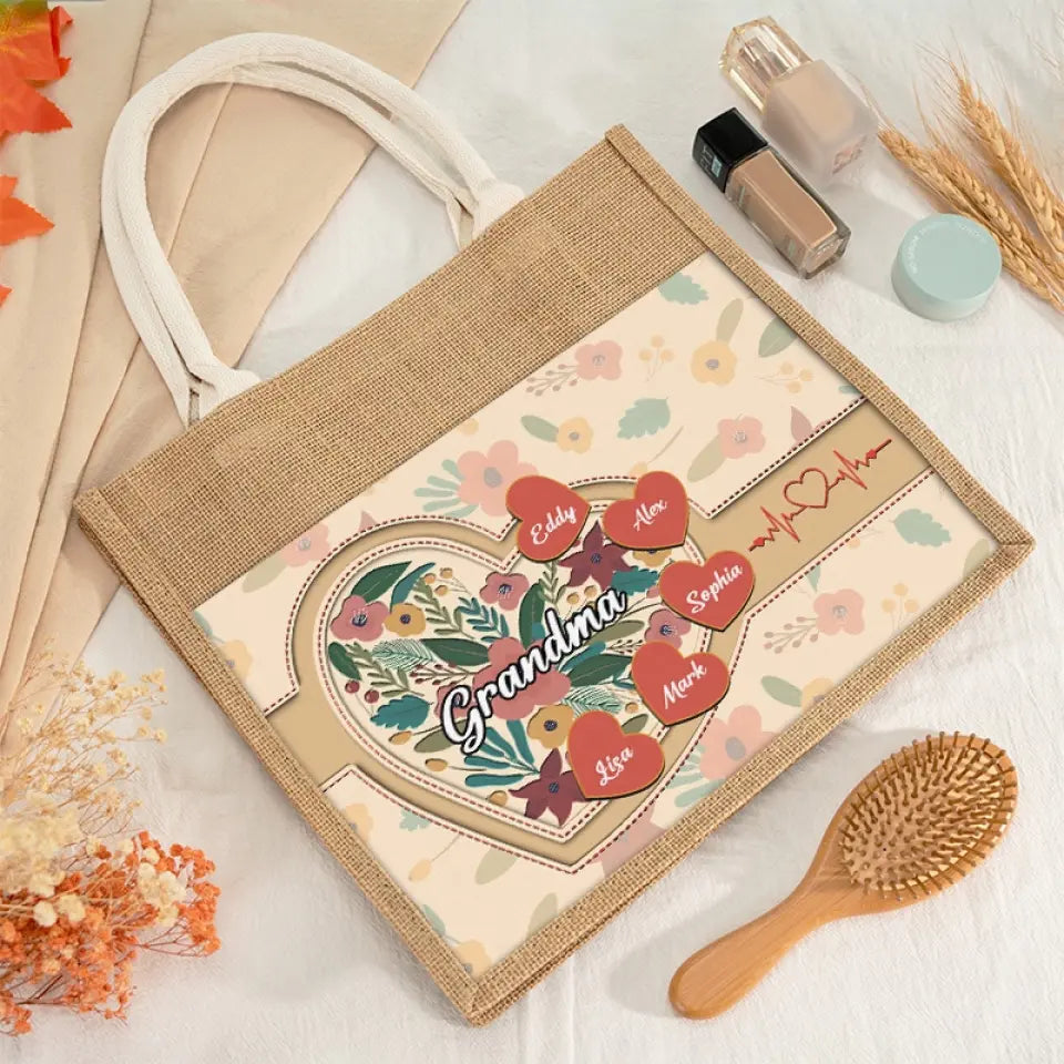 L'amour d'une grand-mère est éternel - Sacs fourre-tout personnalisés pour la famille, sacs fourre-tout en jute, sacs de plage - Cadeau pour maman, grand-mère