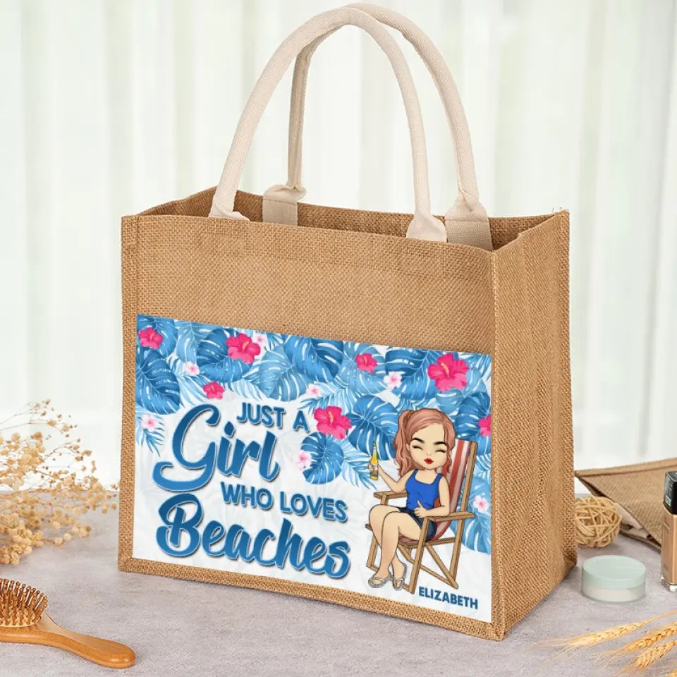 Juste une fille qui aime l'été - Sacs fourre-tout personnalisés, sacs fourre-tout en jute, sacs de plage - Cadeau pour meilleures amies, meilleures amies, sœurs