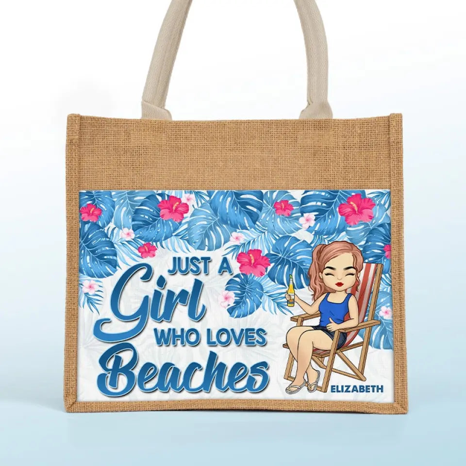 Juste une fille qui aime l'été - Sacs fourre-tout personnalisés, sacs fourre-tout en jute, sacs de plage - Cadeau pour meilleures amies, meilleures amies, sœurs