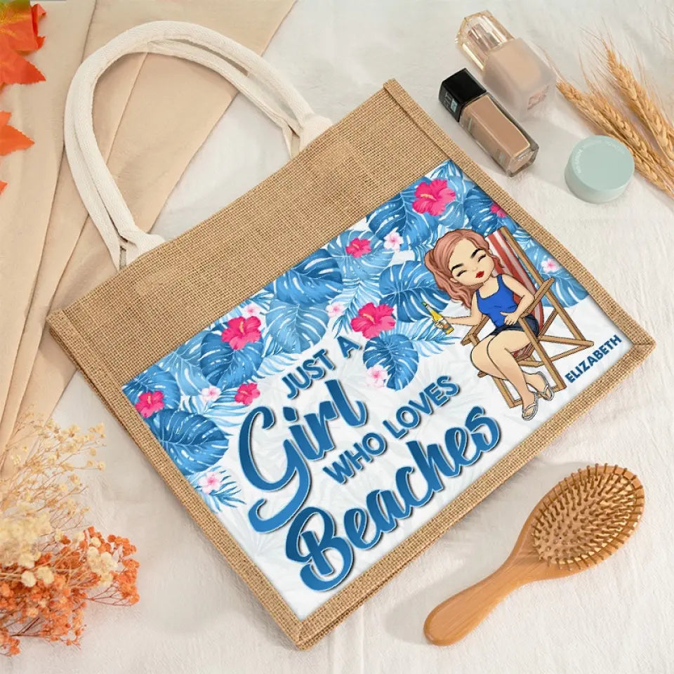 Juste une fille qui aime l'été - Sacs fourre-tout personnalisés, sacs fourre-tout en jute, sacs de plage - Cadeau pour meilleures amies, meilleures amies, sœurs