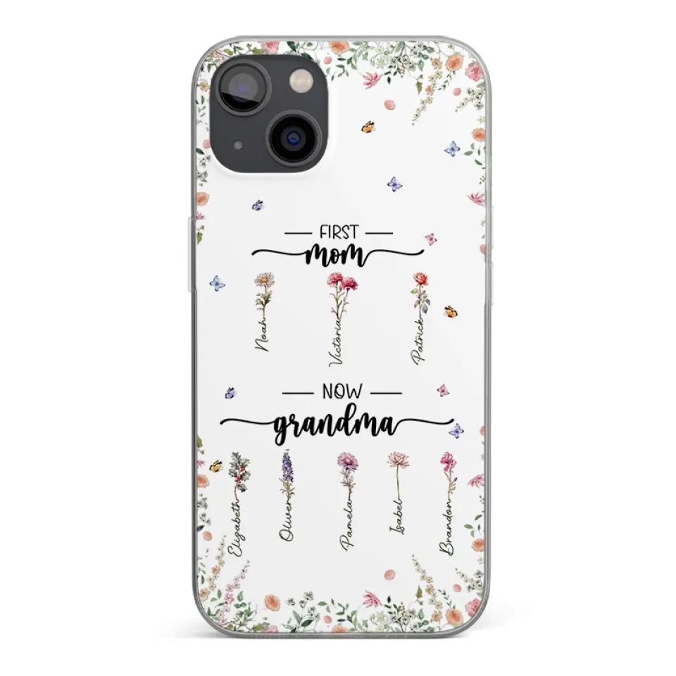 Première maman, maintenant grand-mère - Coque de téléphone transparente personnalisée pour la famille - Cadeau pour maman et grand-mère
