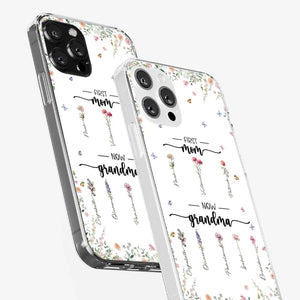 Première maman, maintenant grand-mère - Coque de téléphone transparente personnalisée pour la famille - Cadeau pour maman et grand-mère