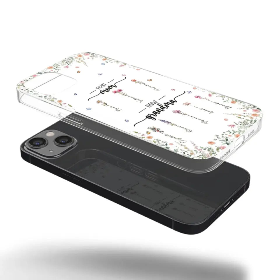 Première maman, maintenant grand-mère - Coque de téléphone transparente personnalisée pour la famille - Cadeau pour maman et grand-mère
