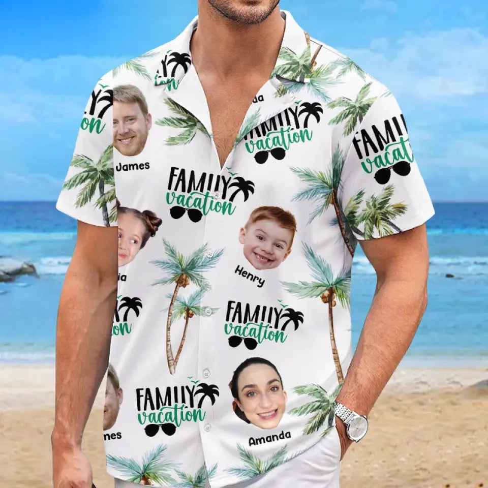 Vacances en famille personnalisées avec photo - T-shirt hawaïen tropical unisexe personnalisé - Cadeau de vacances d'été pour les membres de la famille