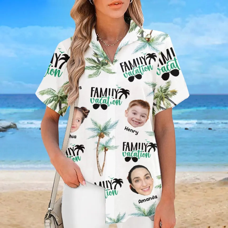 Vacances en famille personnalisées avec photo - T-shirt hawaïen tropical unisexe personnalisé - Cadeau de vacances d'été pour les membres de la famille