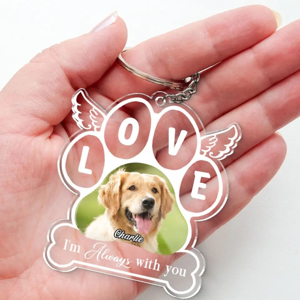 Porte-clés personnalisé en acrylique avec photo « Je suis toujours là » - Cadeau de condoléances pour les propriétaires et les amoureux des animaux