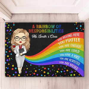 Un arc-en-ciel de responsabilités - Tapis décoratif personnalisé pour enseignant - Cadeau de pendaison de crémaillère pour enseignant
