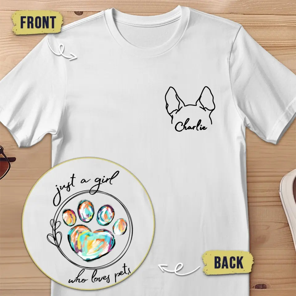 Juste une fille qui aime les animaux - T-shirt unisexe personnalisé imprimé devant et derrière pour chien et chat - Cadeau pour les propriétaires et les amoureux des animaux