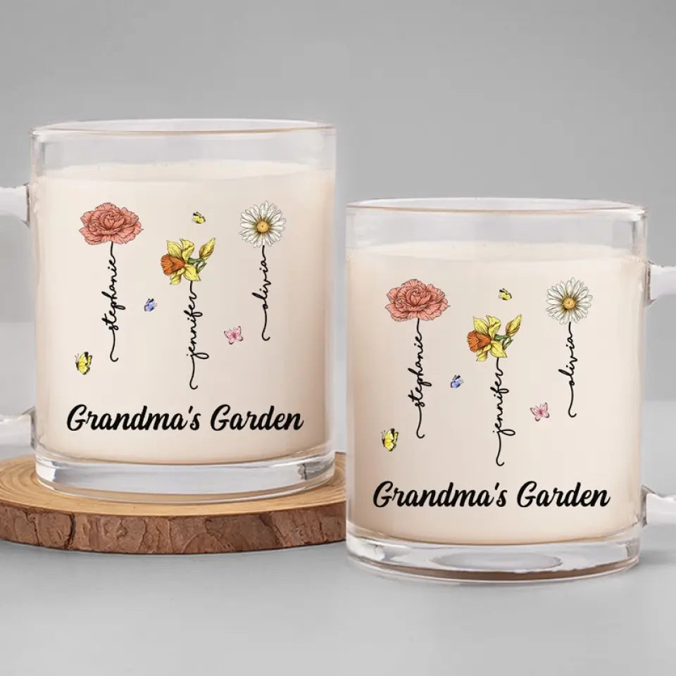 Le jardin préféré de ma grand-mère - Tasse en verre personnalisée pour la famille - Cadeau pour maman et grand-mère