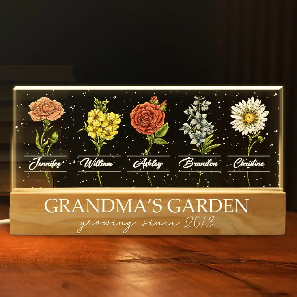 Un jardin d'amour pousse dans le cœur d'une grand-mère - Veilleuse LED 3D personnalisée en acrylique avec lettres - Cadeau pour maman et grand-mère