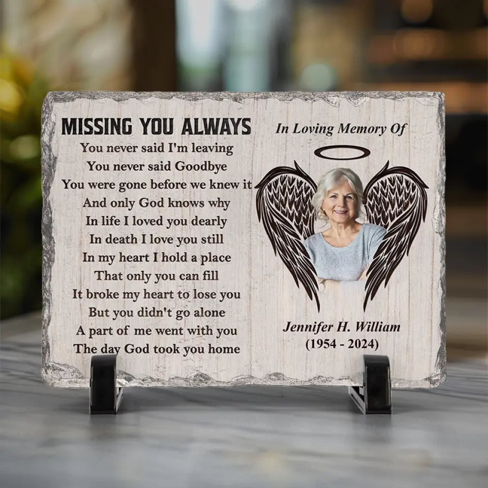 Photo personnalisée « Tu me manques toujours » – Pierre commémorative rectangulaire personnalisée avec support – Cadeau de condoléances pour les membres de la famille