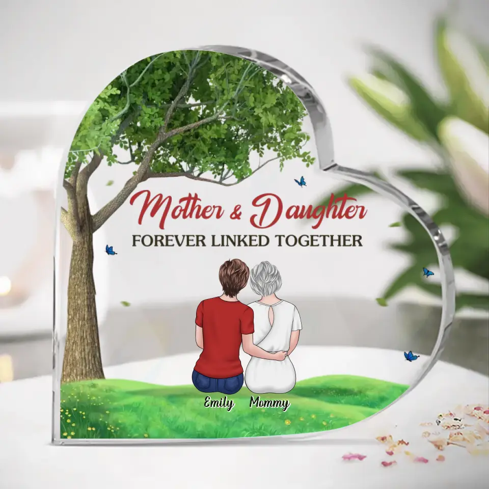 Nous sommes liés à jamais - Plaque acrylique personnalisée en forme de cœur pour la famille - Cadeau pour maman et fille