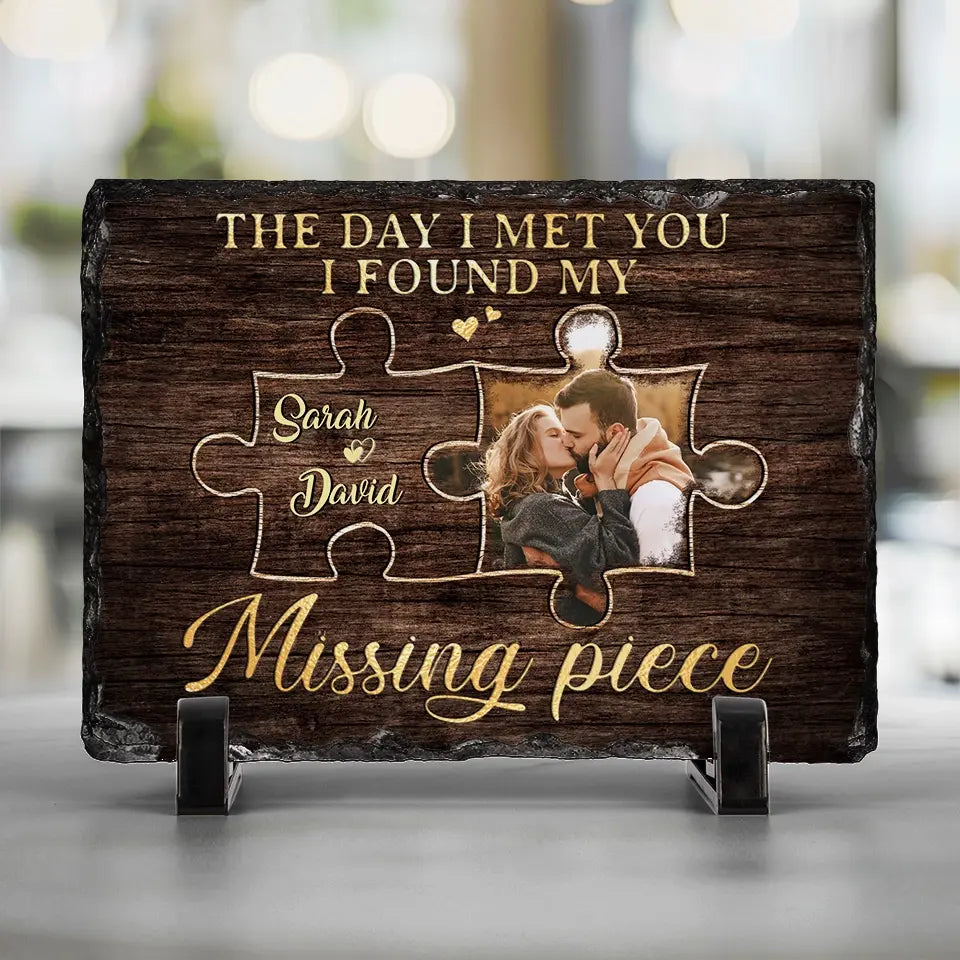 Photo personnalisée « J'ai trouvé la pièce manquante » – Pierre rectangulaire personnalisée avec support pour couple – Cadeau pour mari et femme, anniversaire