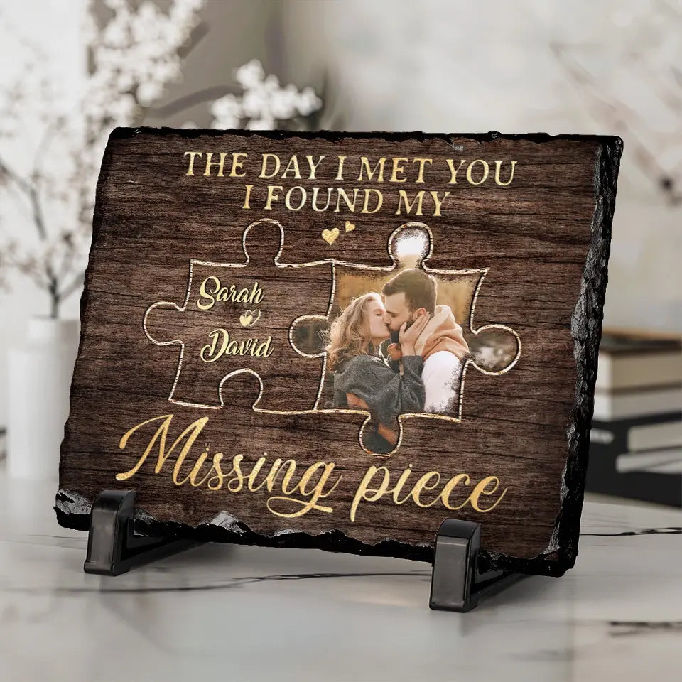 Photo personnalisée « J'ai trouvé la pièce manquante » – Pierre rectangulaire personnalisée avec support pour couple – Cadeau pour mari et femme, anniversaire
