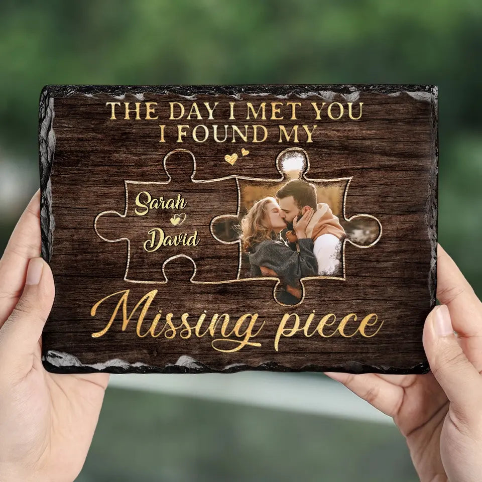 Photo personnalisée « J'ai trouvé la pièce manquante » – Pierre rectangulaire personnalisée avec support pour couple – Cadeau pour mari et femme, anniversaire