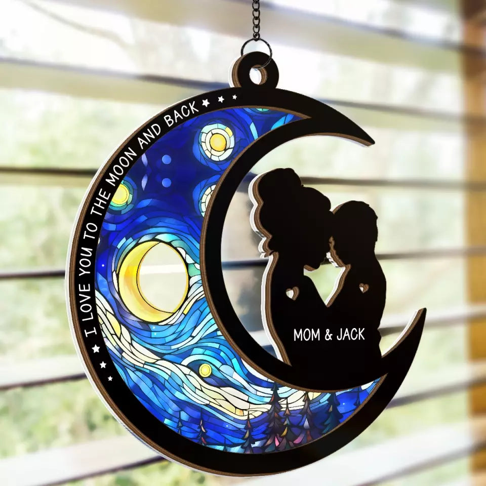 Je t'aime jusqu'à la lune et retour - Attrape-soleil personnalisé à suspendre pour fenêtre - Cadeau pour maman, fils, fille