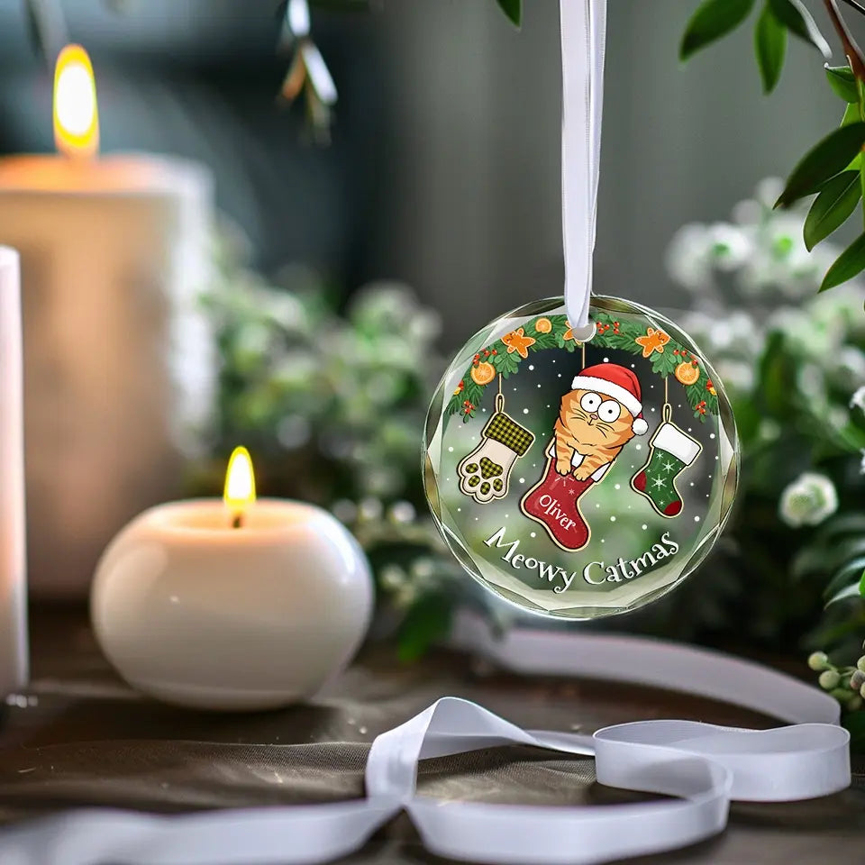 Tout ce que je veux pour Noël, c'est miauler - Ornement en verre rond personnalisé en forme de chat - Cadeau de Noël pour les propriétaires d'animaux et les amoureux des animaux