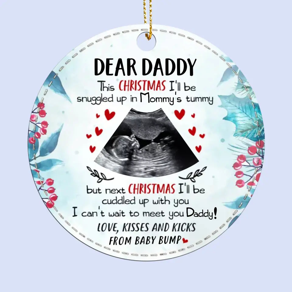 Photo personnalisée : avancez dans ce voyage d'amour et de joie ! Ornement en cuir personnalisé pour la famille ! Cadeau de Noël pour bébé, enfant et nouveau-né.