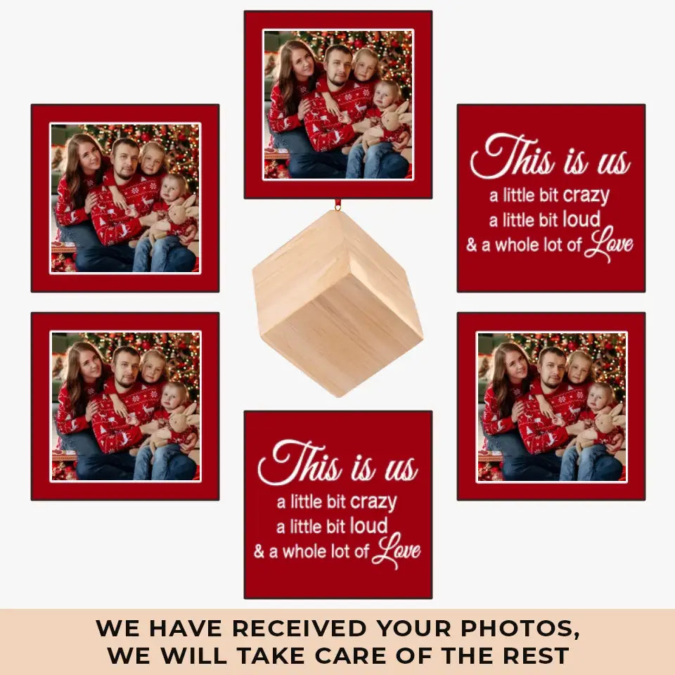 Photo personnalisée à chaque Noël : j'enveloppe ma famille d'amour ! - Décoration de Noël personnalisée en forme de cube en bois - Cadeau de Noël pour les membres de la famille