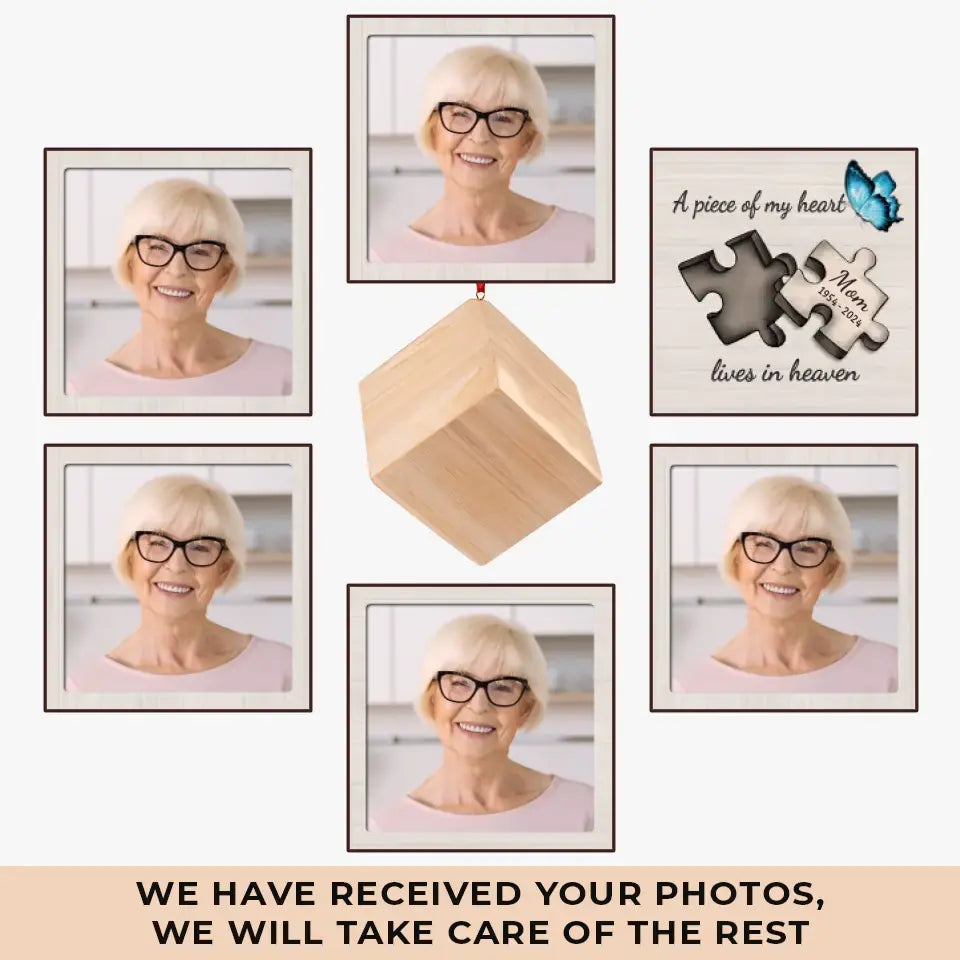 Photo personnalisée « Un morceau de mon cœur » – Ornement en bois personnalisé commémoratif en forme de cube – Cadeau de condoléances, cadeau de Noël pour les membres de la famille