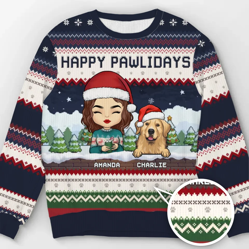 Le Woof de l'amour de Noël - Sweat-shirt moche personnalisé pour chien et chat - Pull en laine unisexe - Cadeau de Noël pour propriétaires et amoureux des animaux