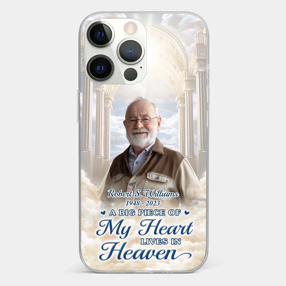 Photo personnalisée : « Un gros morceau de mon cœur vit au paradis » – Étui de téléphone transparent personnalisé commémoratif – Cadeau de condoléances pour les membres de la famille